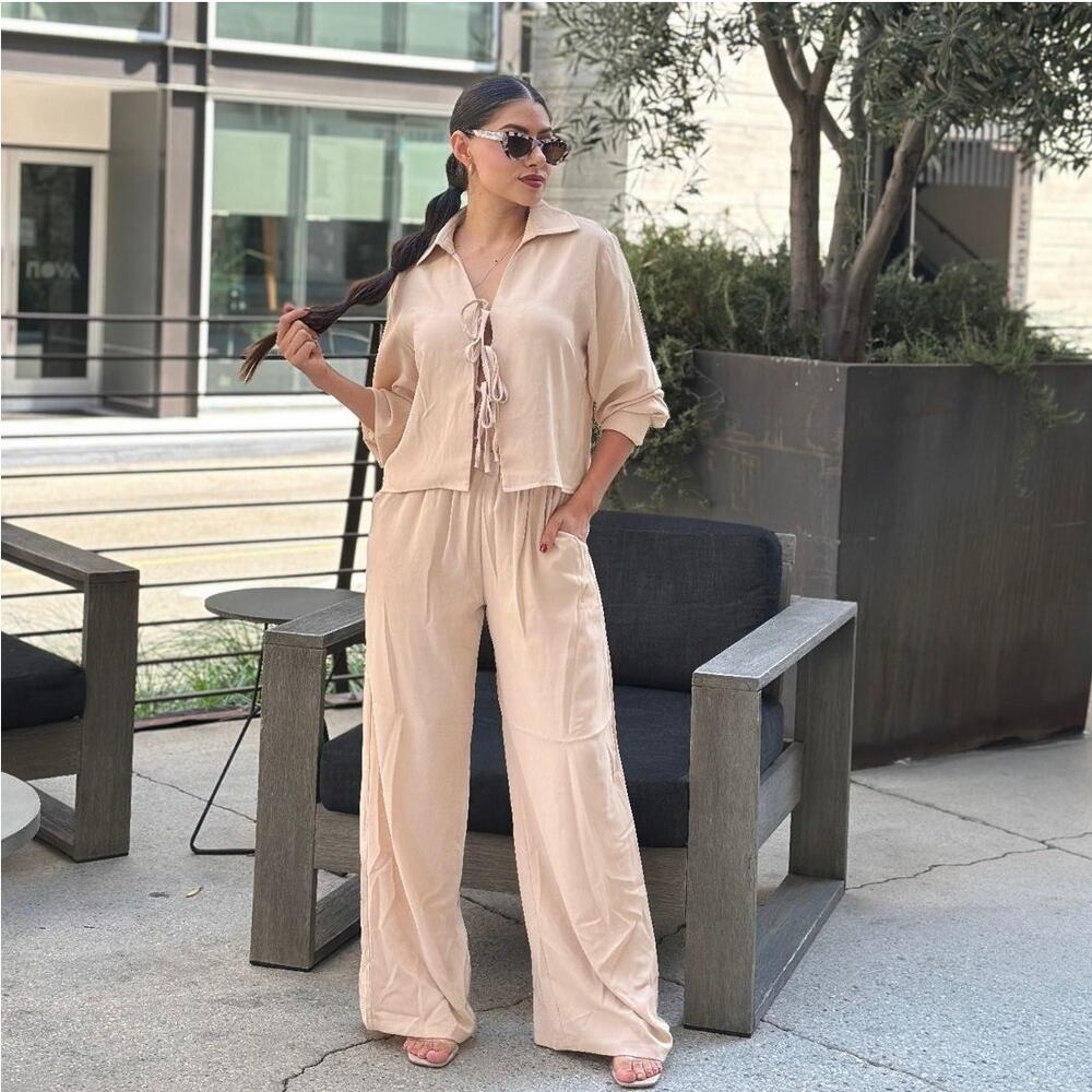 Casual Wide Leg Pants & Long Sleeve Front Tie Set